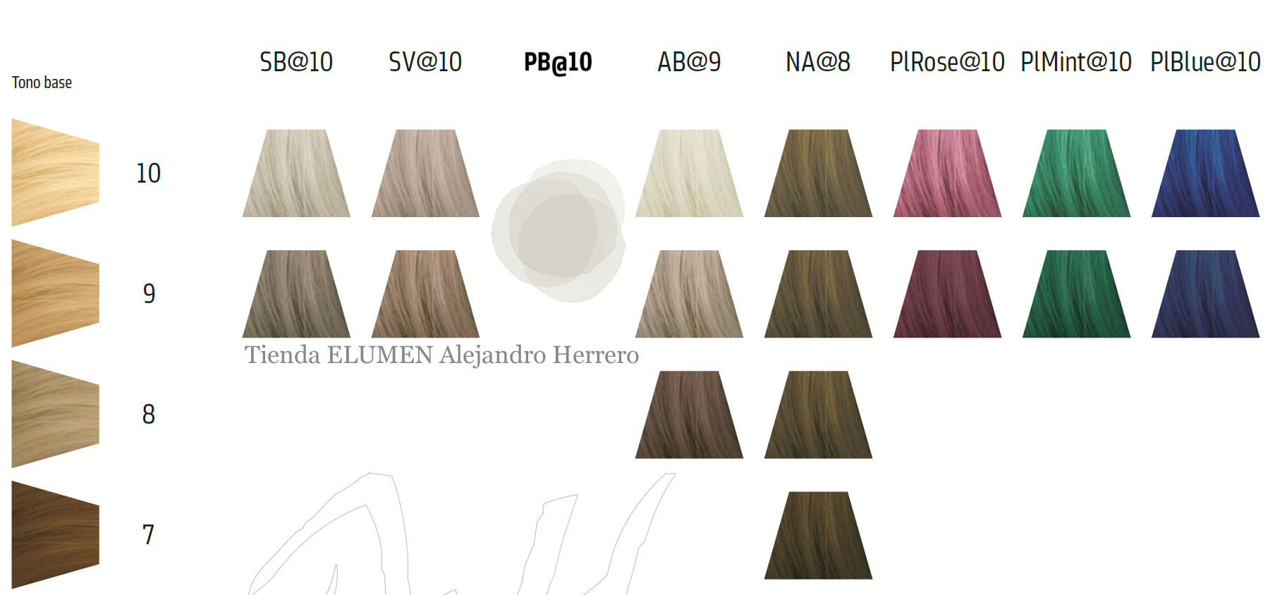 Carta de color ELUMEN COOLS: SB@10, SV@10, PB@10, AB@9, NA@8, PlRose@10, PlMint@10, PlBlue@10