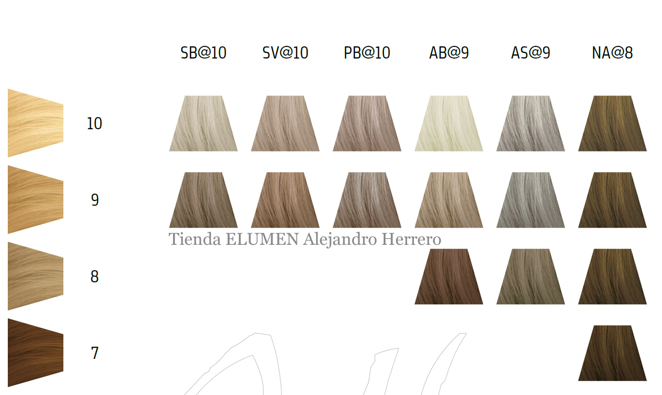 Carta de color ELUMEN COOLS: SB@10, SV@10, PB@10, AB@9, AS@9, NA@8