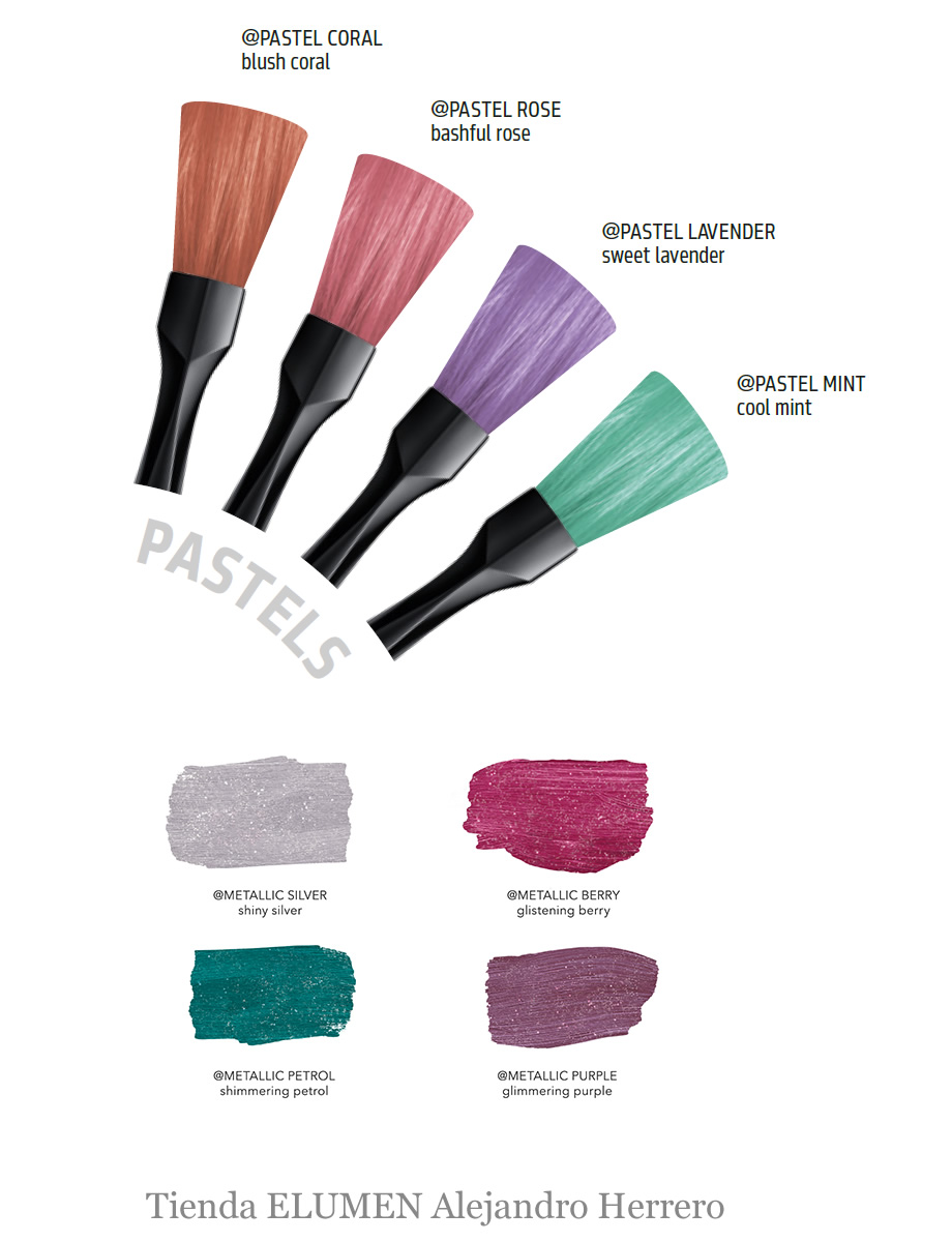 Carta de color ELUMEN PLAY: @PASTEL CORAL @PASTEL ROSE @PASTEL LAVENDER @PASTEL MINT @METALLIC SILVER @METALLIC PETROL @METALLIC PURPLE @METALLIC BERRY